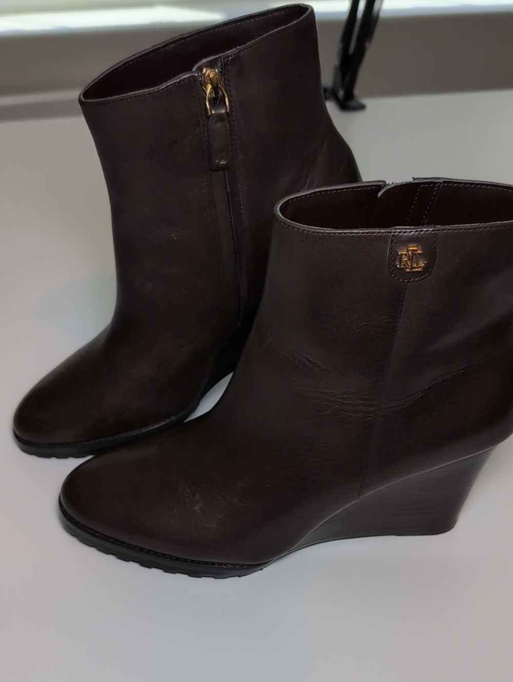 Ralph Lauren Dark Brown Leather Wedge Ankle Boots with Gold Accent